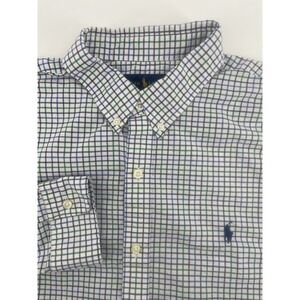 Ralph Lauren Button Down Shirt Lg White Blue Green Check Slim Fit Stretch Preppy
